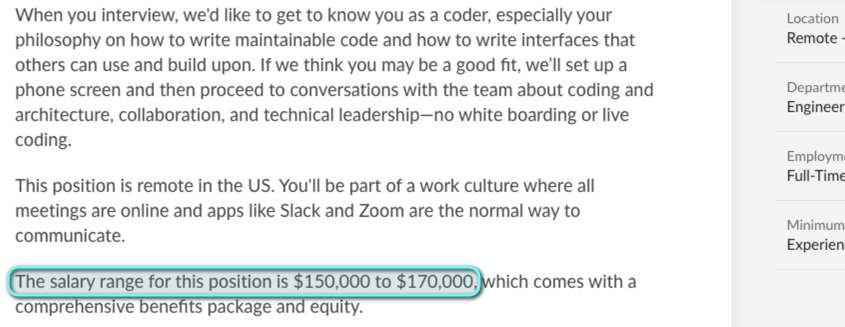 Excerpt of a Glitch job posting, complete with salary range details
